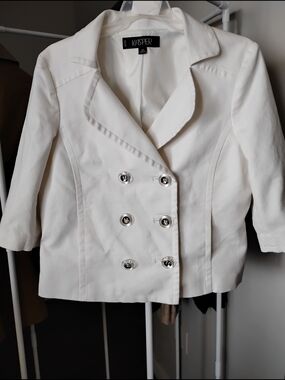 Kasper Women Cream Double-Breasted Lapel Tailored Fit 3/4 Sleeve Pea Coat Blazer